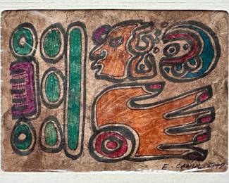 Small 1970's unframed Mexican painting on bark paper by Eliezer Canul. $25 