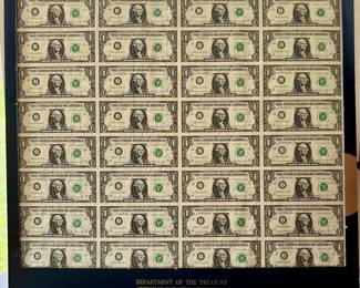 Uncut sheet of 1981 dollar bills. $150