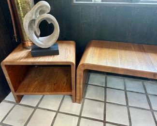 Midcentury end table $100, coffee table $250, sculpture $25, 1920s fire extinguisher  $50