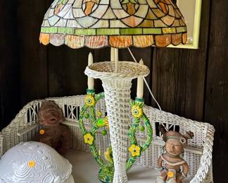 Turn of the century stained glass lamp shade on a painted wicker base, Mola textile art. $10-200