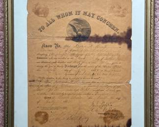 Framed Civil War Discharge paper. $50