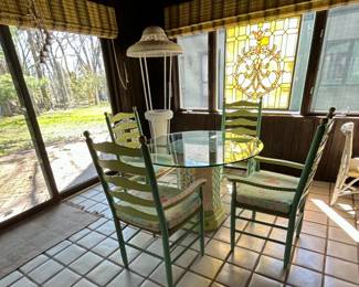 Painted patio set ($350), American stained glass window ($350)