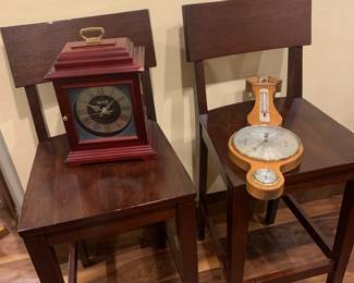 Bulova Clock and Vintage Banjo P.F. Bollenbach barometer weather station Germany (siting on 2 of 6 Wood Bar Stools)
