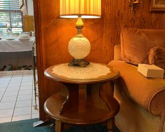 Nice Round, two tier maple side table.  Vintage lamp.