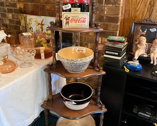 Nice corner shelf.  Old heavy mixing bowls.  Unused Vintage Coca-Cola pack.
