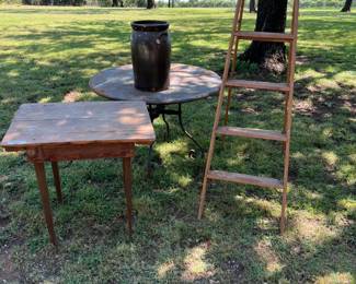 Old wood table, Old Round Iron table.  Wooden Ladder.  Vintage crock #6.