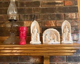 Old Oil Lamp, Vintage chalkware religious reliefs.