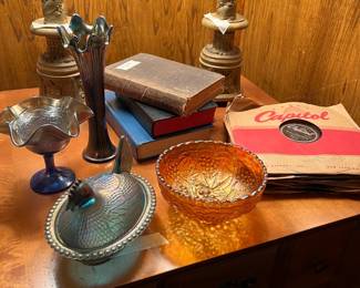 Carnival Glass items, Old books, Vintage records.