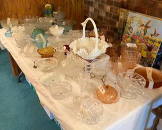 Lots of cut glass and crystal items.  Fenton and Carnival glass items.