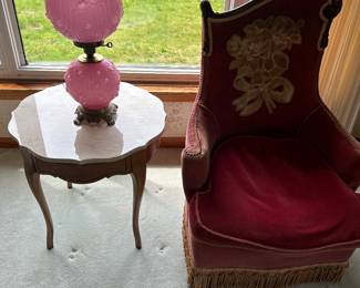 Hurricane lamp
Antique table 
Two matching antique chairs ( one not pictured)
