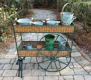 Vintage Wrought Iron Rolling Garden Cart