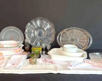 Vintage Corning Ware, Baking Dishes, Glassware And Linens 