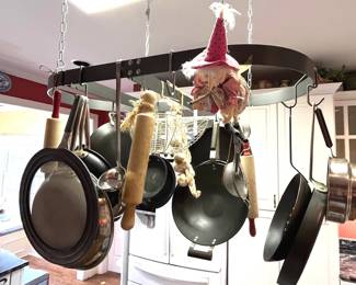 Hanging Pot Rack With Assortment Of Pans