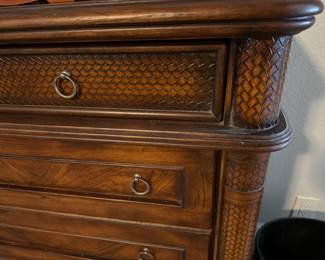 Detail of leather work on dresser, night stands, bed