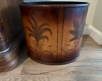 Metal and leather waste basket with palm design