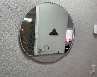 Round beveled wall mirror with etched swan and sand bottom