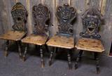 Set 4 Early Carved Folk Art Chairs in the German Black Forest Style
