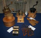 Primitve Antiques
Coffee Grinders
Covered Wooden Measures
Tin Candle Mold
Toll Painted Perpetual Calendar
Keys