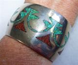 Sterling silver cuff bracelet, inset with mosaic turquoise and coral