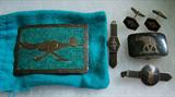 Mexican Sterling belt buckle inlaid with mosaic turquoise and a selection of Siam Sterling
