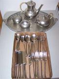 Mid-century Royal Holland pewter coffee/tea set, and a set of Dansk flatware