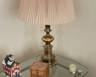 Glass/brass end table, solid brass lamp