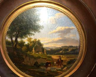 Antique Italian painting on round wood panel