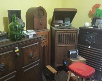 antique floor model radios, victrola, early tv