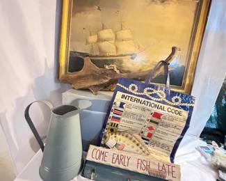 SHIP PRINT, WOODEN CHEST, PITCHER AND INTERNATIONAL CODE BAG