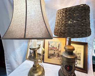 brass lamps with cityscape lithographs and watercolor