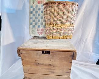 Antique egg crate , basket and farmhouse checker board game