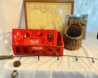 coca-cola crates, florida map vitage print, basket and tin decor