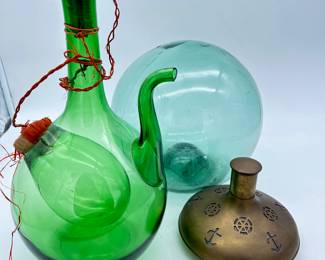 glass float and brass bottle, green glass decanter