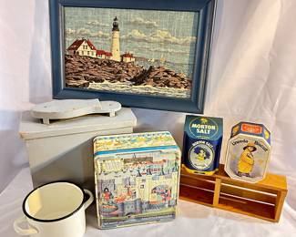 shoe shine box, tin boxes and lighthouse art