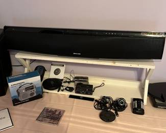 Samsung surround sound bar with DVD player Built in, discman,  wireless charger and vintage cameras.