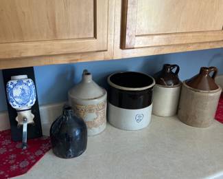 Antique salt grinder, 2 gallon crock and moonshine  crocks.