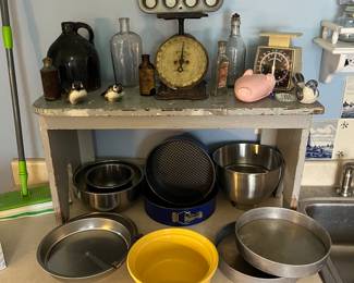 Vintage food scales, bottles, ceramic jug and bakeware,  Bench NFS.