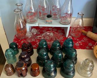 Victory, white spruce and tarr’s milk bottles from Geneva and Seneca Falls dairy farms along with variety of insulators.