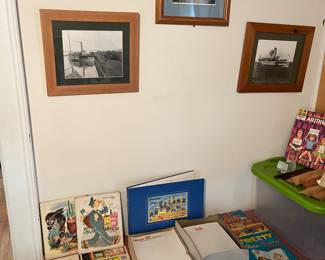 Roseland books and paper stock, vintage coloring books and vintage large piece puzzles.