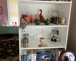 Sets of Wine glasses, ceramics, Vintage books and games.