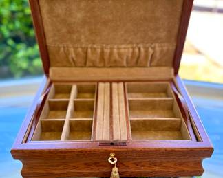 SOLD; Italian custom-made lockable jewelry box by Agresti with removable, inside tray and hinged necklace holder; 13x9x5