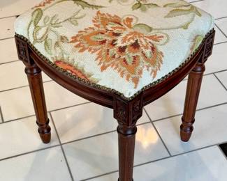SOLD; floral needlepoint seat with nail head trim and wood base; 14x14x19