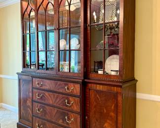 $5000; Henkel Harris mahogany breakfront china cabinet with four glass, paned doors and two lower cabinets and four drawers; beautiful condition; 72x17x87