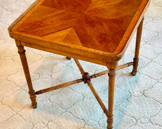 SOLD--vintage cocktail table with patterned veneer top and casters; 17x17x18