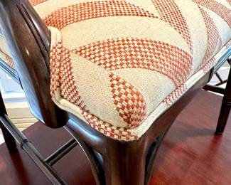 SOLD; beautiful game table with gold detailing and a drawer on each side for each player, with four Chippendale arm chairs with custom upholstery; detailed view of upholstery; table: 37x37x30; chair: 24x19x36