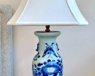 $300 each (2 available); blue and white Chinoiserie ginger jar lamp with butterfly motif and wood base; 15x11x13