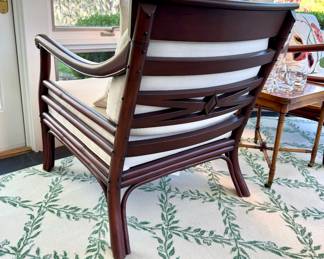 SOLD each (4 available); Rattan chair with off-white upholstered cushions by Palecek; view of detail on back of chair; 31x27x32