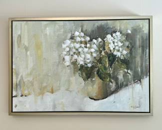 SOLD- Hydrangea stretched canvas in metallic colored wood frame; 32x21.5