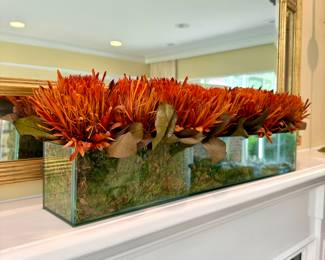 SOLD--dried flowers and moss in glass; 24x4x8