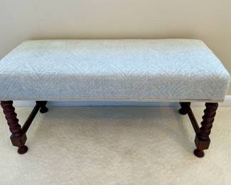 SOLD--Charles Stewart & Co upholstered bench with turned legs; 40x16x20.    Coordinating headboard and chair additional. 